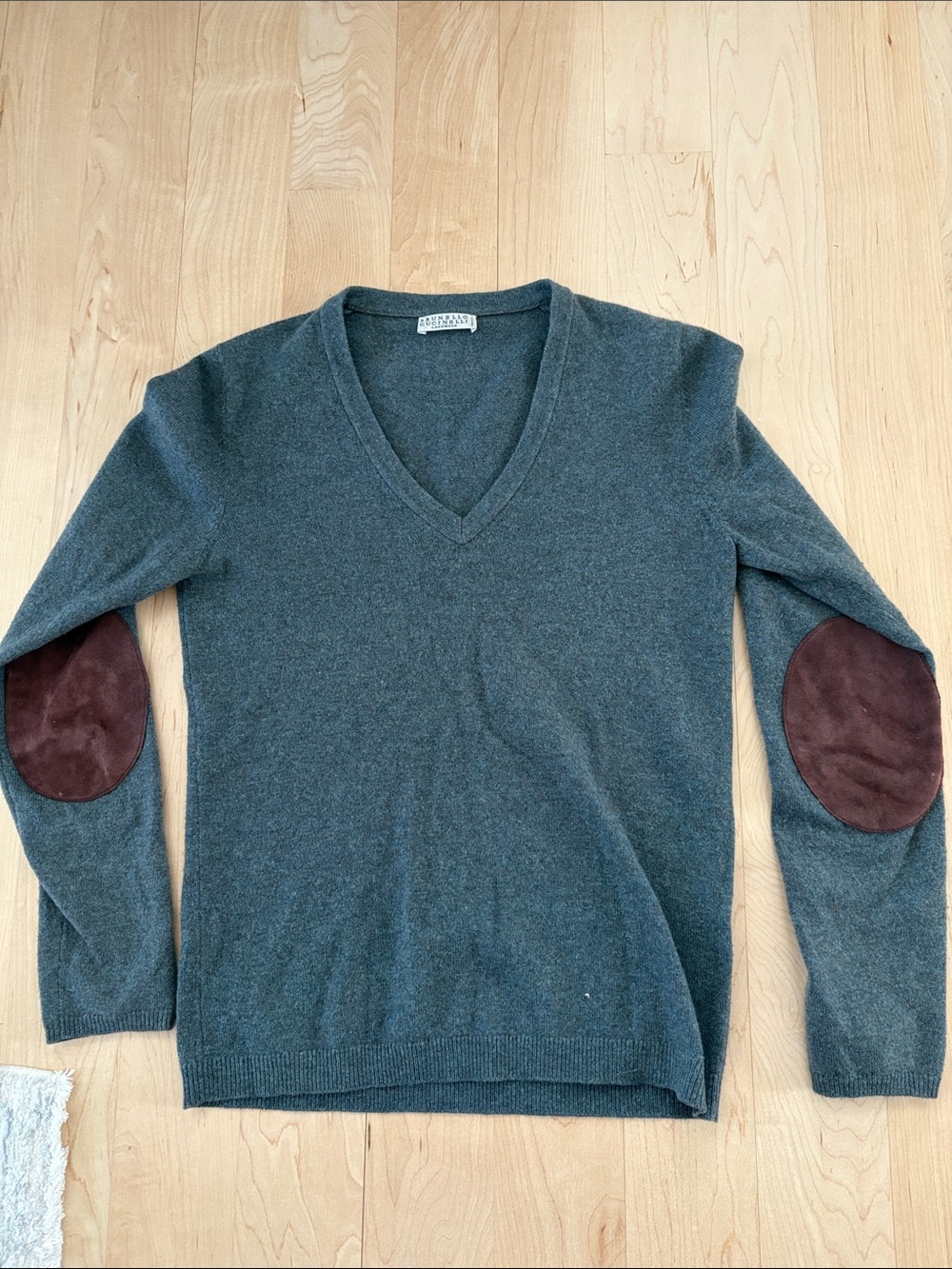 Brunello Cucinelli cashmere V-neck sweater with suede elbow patches